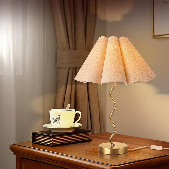 Gold Small Modern Table Lamp for Nightstand Decor, Scalloped Pleated Lamps Wavy Lamp Bow Table La... | Amazon (US)