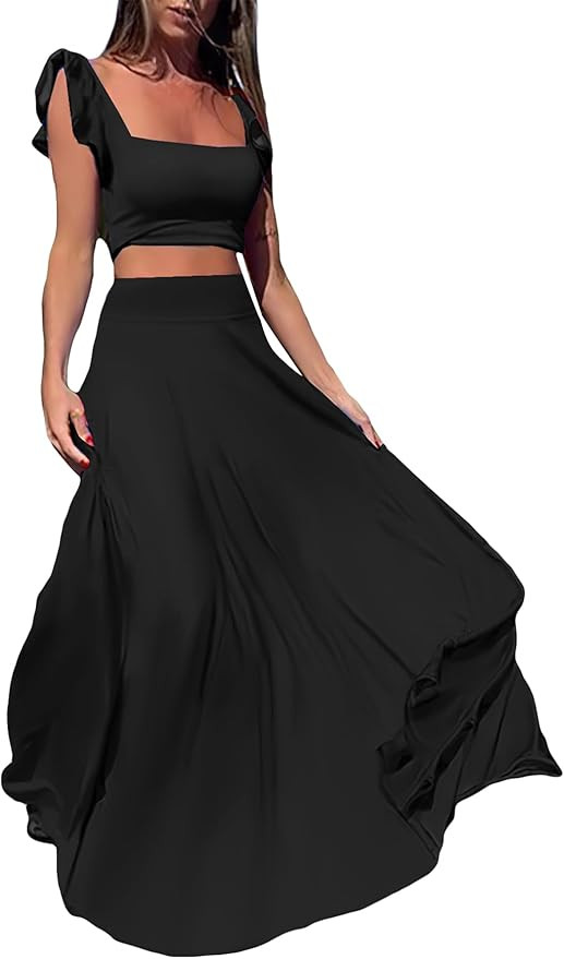 Vakkest Womens Summer Sexy 2 Pieces Outfits Ruffle Floral Tank Top Wrap Boho Tropical Long Skirt ... | Amazon (US)