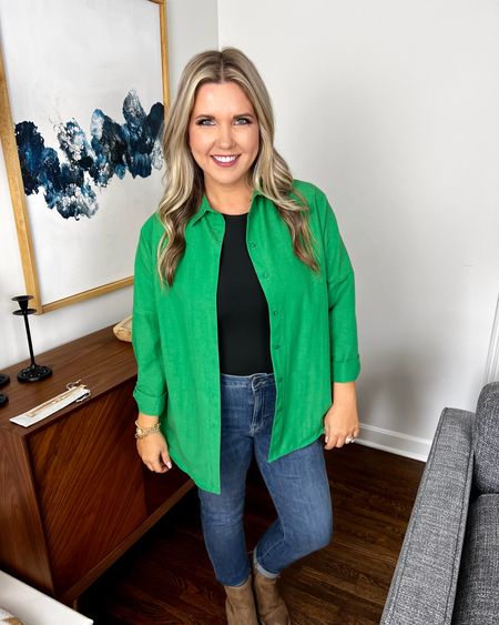 Outfit of the day is this green button down I put over my favorite black bodysuit! I paired it with some staple jeans, boots, and a custom bracelet on Amazon. Great outfit for those milder winter days and can be worn casually or you could dress it up as well! 

#LTKSeasonal #LTKstyletip #LTKunder50