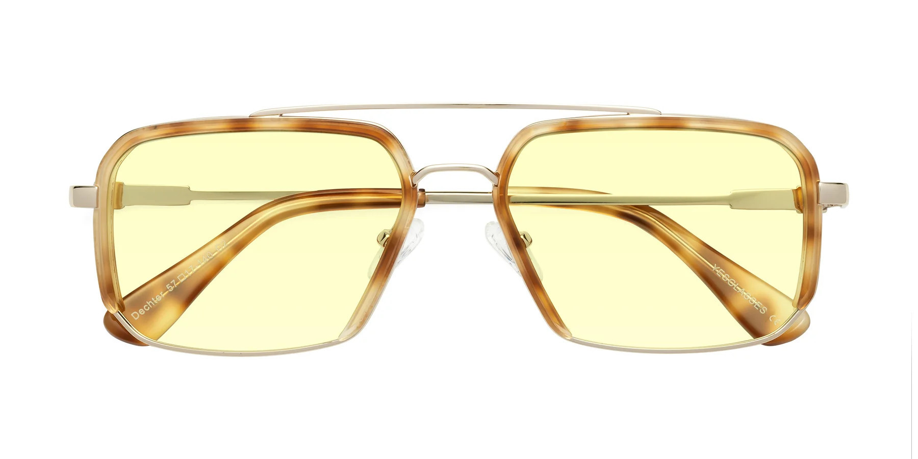 Yellow Tortoise / Gold Retro-Vintage Aviator Rectangle Tinted Sunglasses with Light Yellow Sunwear Lenses - Dechter | Yesglasses