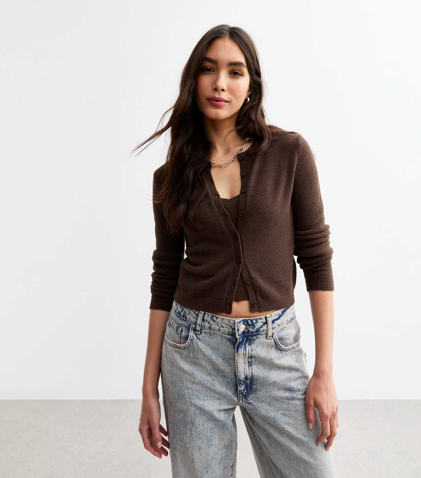 Brown Crew Neck Fluffy Knit Cardigan
						
						Add to Saved Items
						Remove from Saved Item... | New Look (UK)