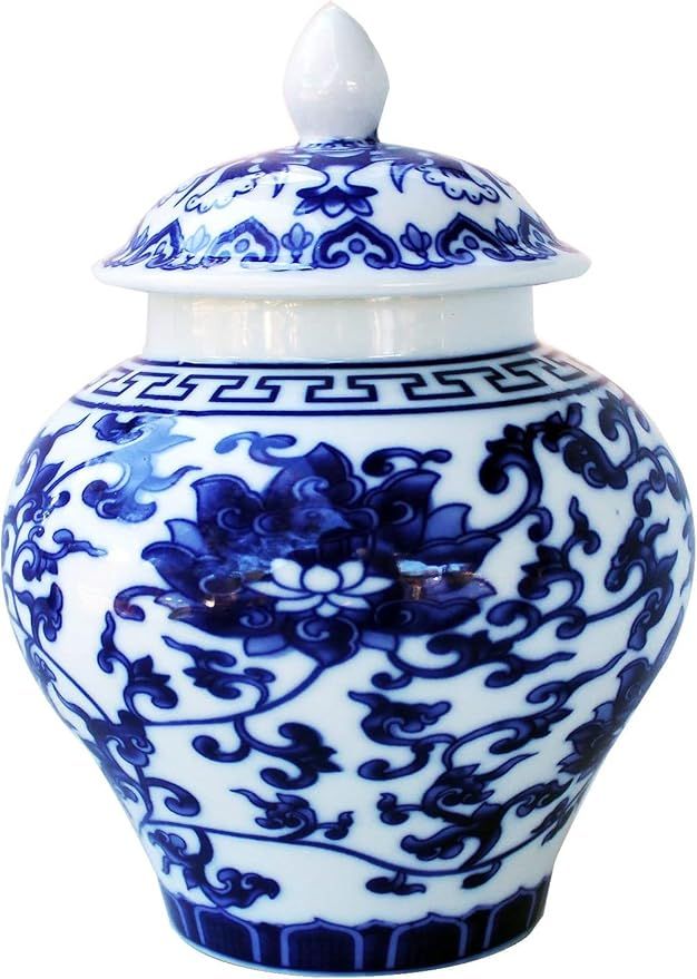 Ancient Chinese Style Blue and White Porcelain Lotus Helmet-Shaped Temple Jar (Lotus Pattern Medi... | Amazon (US)