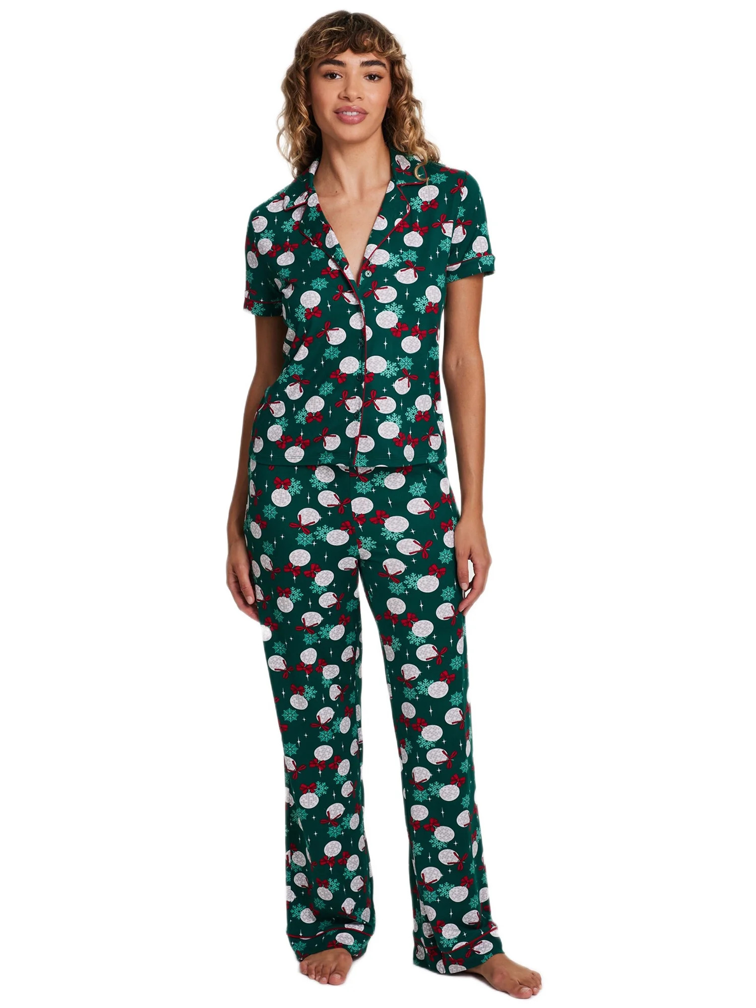 Sleep & Co. Women's & Women's Plus Short Sleeve Fesitve Notch Collar Button Down with Pant Pajama... | Walmart (US)