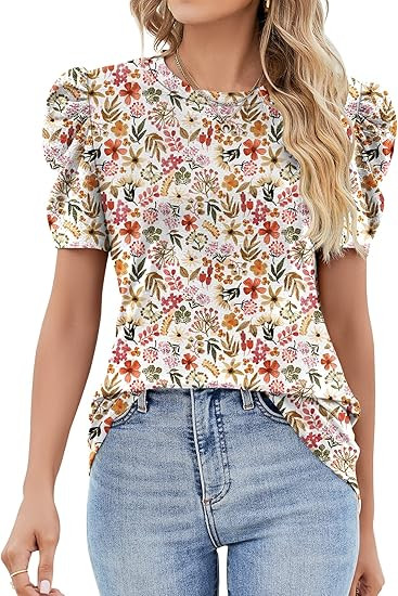 Ivicoer Puff Short Sleeve Shirt for Women Eyelet Tops Summer Crewneck Blouse Loose Fit S-XXL | Amazon (US)