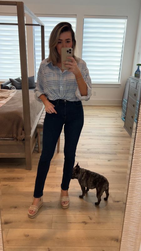 Button down top is very relaxed fit, fits like a boyfriend top I’m wearing a small.

Jeans are my fav, super high waisted and stretchy. I am wearing the long length and I’m 5’8.

These espadrilles are giving Dior vibes, fit tts.

My Melinda Maria jewelry is 10% off with code Janie 

Get a free applicator mitt if you use my code Janie for the best tan! I love the extra dark and platinum shades because I’m so pale. 

Check out red dress sale section 40% off today!