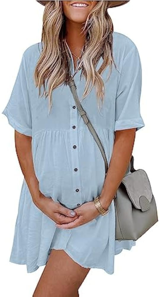 PYGFEMR Women's Short Sleeve Babydoll Dress Button Down Dresses with Pockets | Amazon (US)