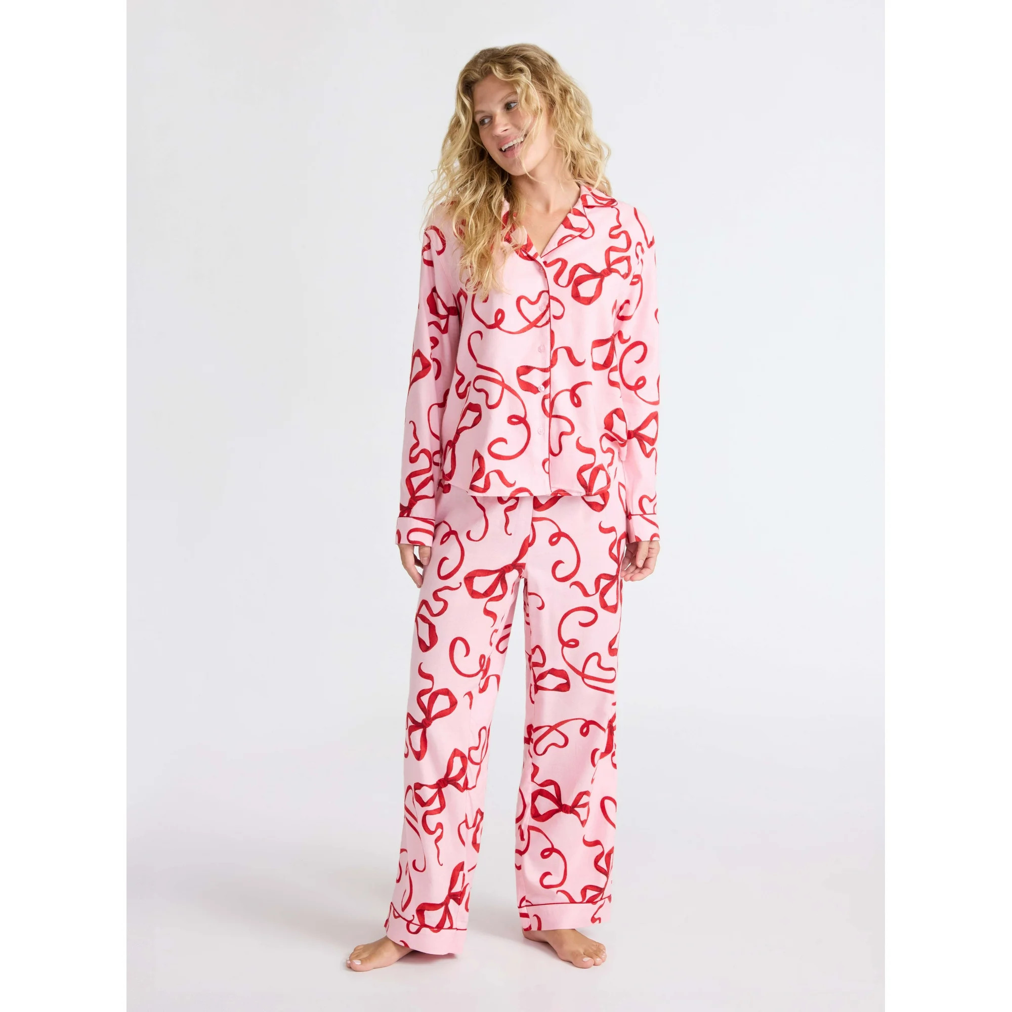 Joyspun Women's Long Sleeve Flannel Sleep Top and Pants Pajama Set, 2-Piece, Sizes XS-3X | Walmart (US)