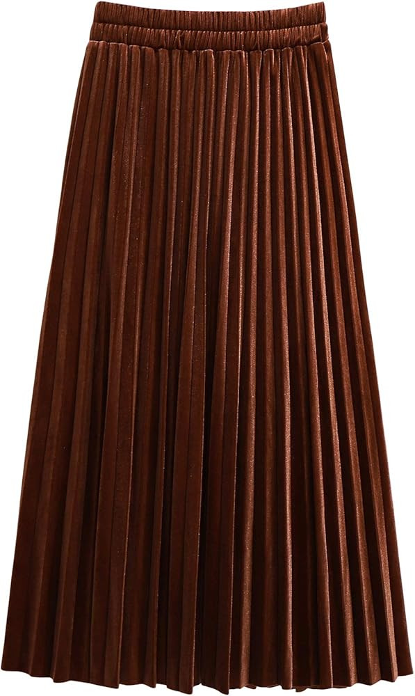 chouyatou Women's Casual Stretched High Waist Plus Size A Line Flared Flowy Pleated Long Velvet P... | Amazon (US)