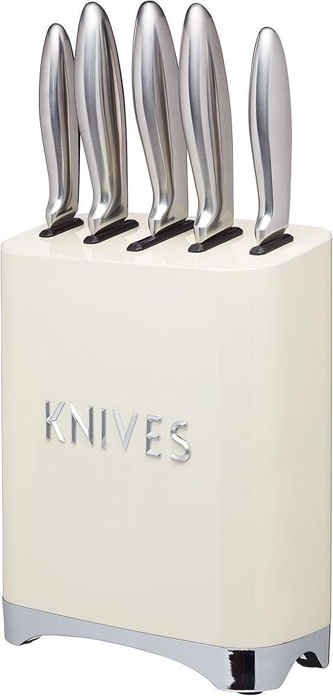 KitchenCraft Lovello LOVKNBCRE Retro 5-Piece Stainless Steel Knife Set and Knife Block – Vanill... | Amazon (UK)
