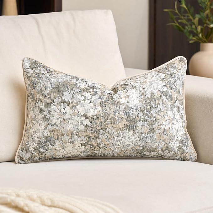 Beige Neutral Floral Pillow Cover 12 x 20 Inch, Vintage Chenille Rectangle Couch Pillow Cover Sof... | Amazon (US)