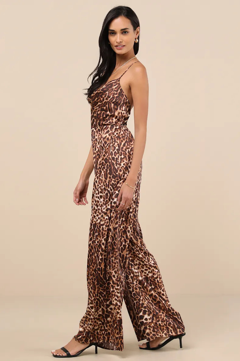 Denver Brown Leopard Satin Backless Jumpsuit | Lulus