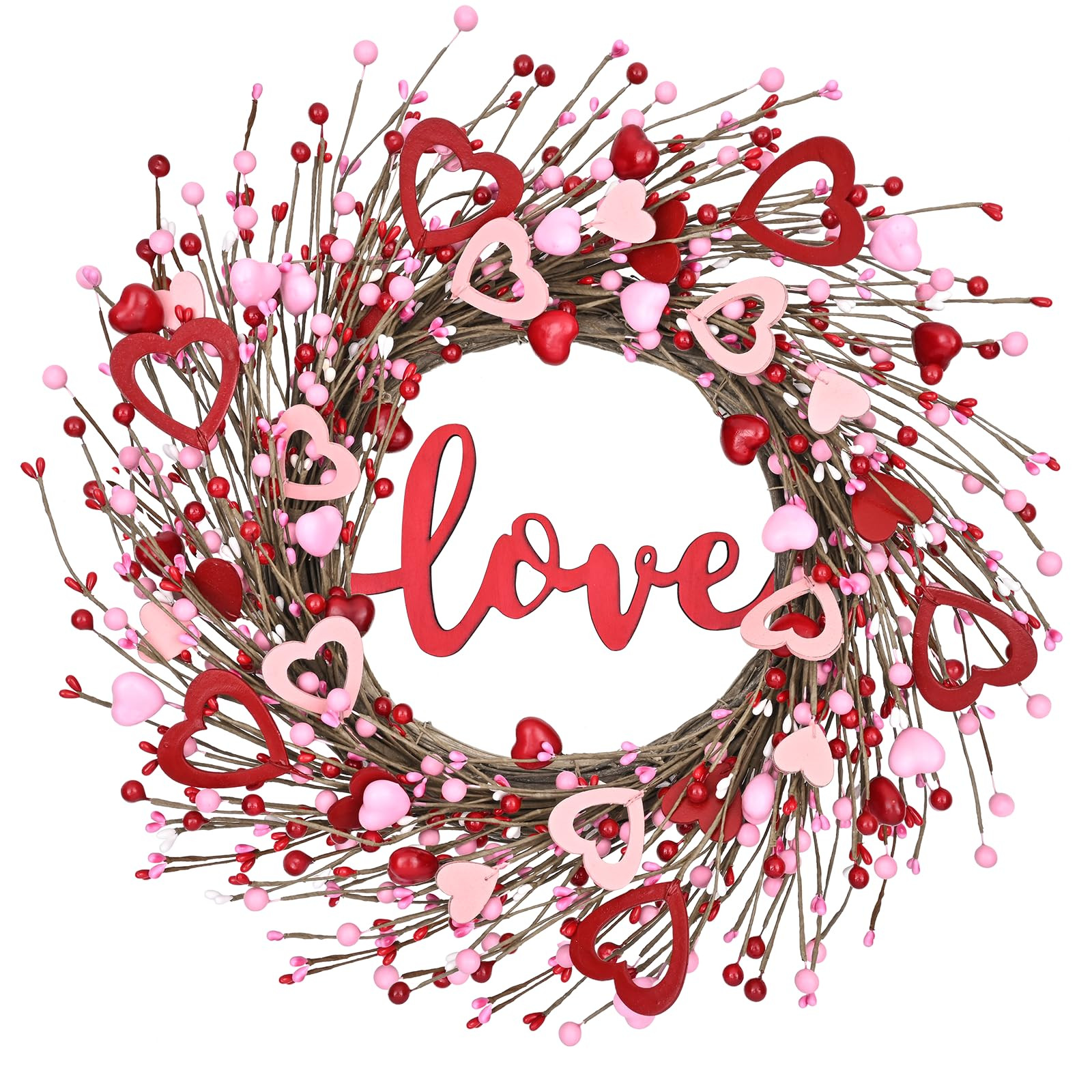 Waipfaru 20in Valentines Wreaths for Front Door, Valentine Wreath with Love Sign, Wreath with Red Wooden Heart Berries, Valentines Day Decorations | Amazon (US)
