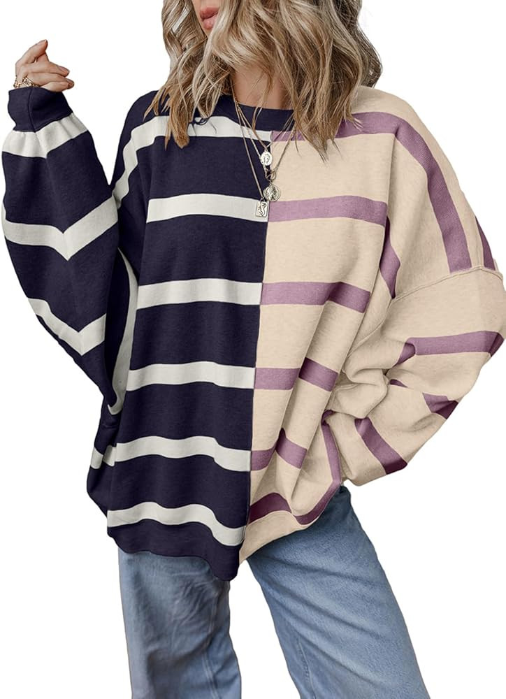 EVALESS Womens Striped Sweater Pullover Crew Neck Long Sleeve Cable Knitted Color Block Casual Lo... | Amazon (US)