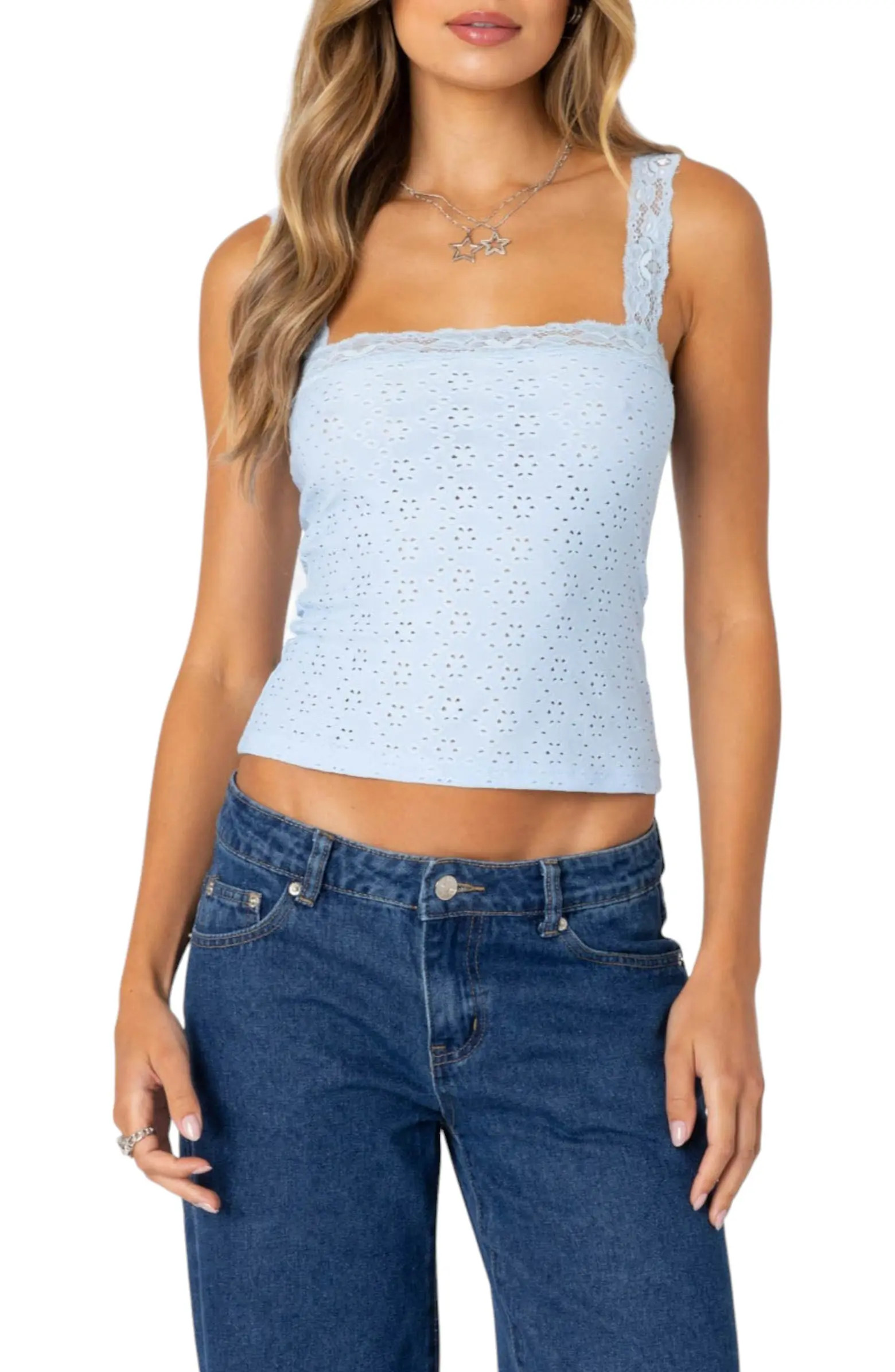 EDIKTED Virginia Lace Trim Eyelet Tank Top | Nordstrom | Nordstrom