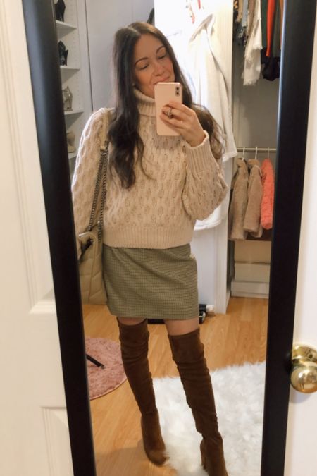 Chunky Cable knit turtle neck sweater. Check Skirt. Over the knee boots. Day to Night outfit. 
#winterstyle 



#LTKitbag #LTKunder50 #LTKstyletip