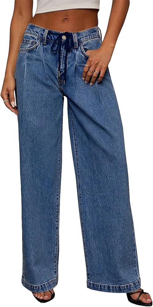 Sidefeel Women's Drawstring Jeans Wide Leg High Waisted Baggy Stretchy Elastic Waist Sweatpant Je... | Amazon (US)
