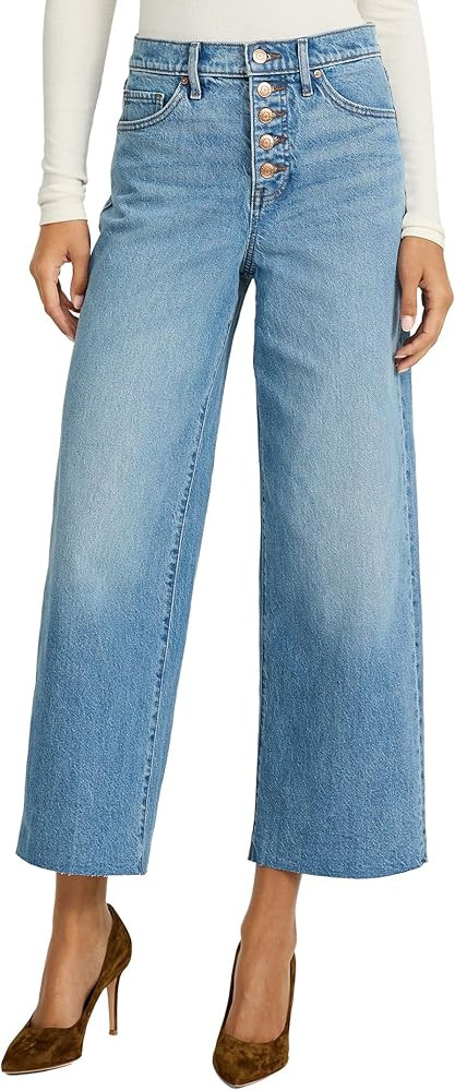 EXPRESS Women’s Wide-Leg Ankle Jeans – High Waisted Stretch Denim, Raw Hem – Medium Wash | Amazon (US)