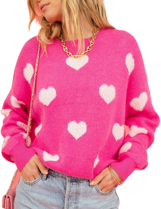 Women's Cute Heart Sweater Love Print Valentines Day Knitted Top Casual Crewneck Long Sleeve Swea... | Amazon (US)