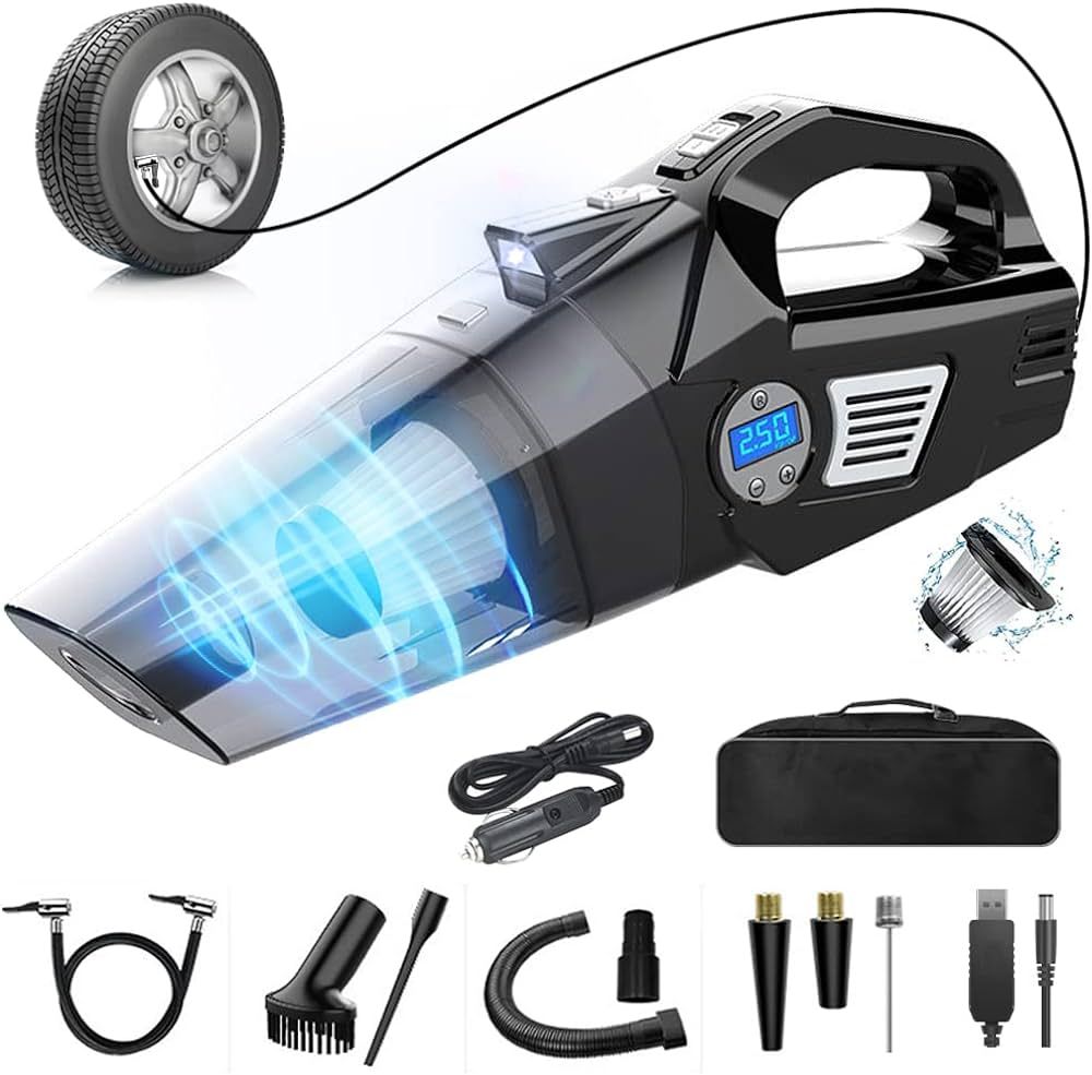 4-in-1 Handheld Car Vacuum Cleaner Cordless, Tire Inflator Air Compressor Pump Rechargeable Porta... | Amazon (US)