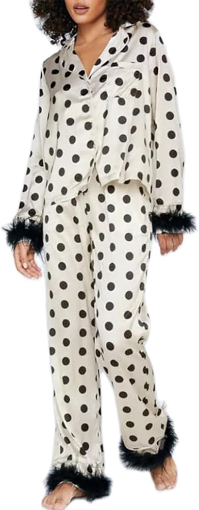 Women's Satin Silk Pajamas Sexy Feather Trim Long Sleeve Button Up Pjs Shirt Sleep Pajama Pants 2... | Amazon (US)
