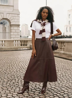 Burgundy Leather Full Midi Skirt | Mint Velvet