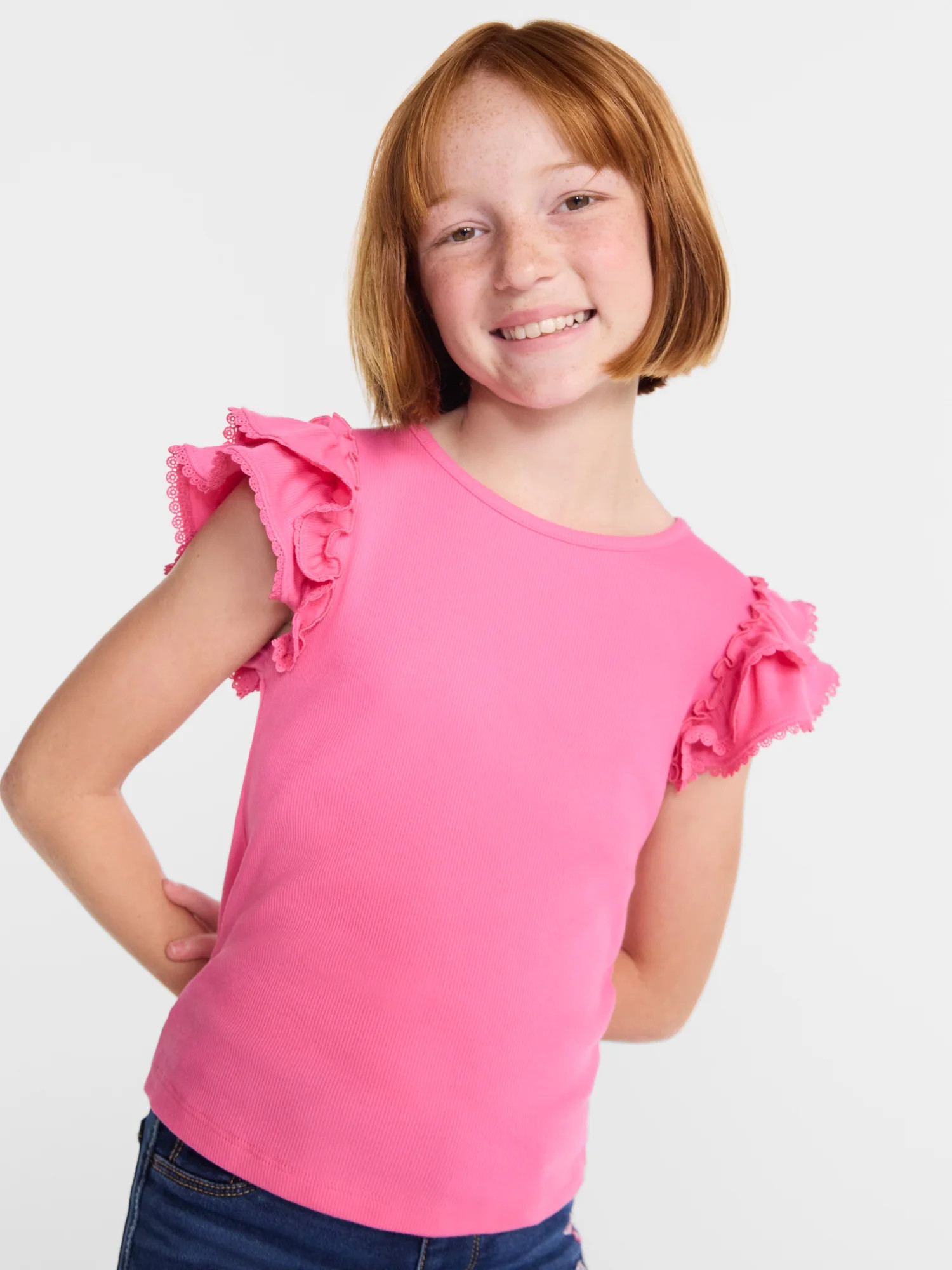 Wonder Nation Girls' Ribbed Top with Short Ruffle Sleeves, Sizes 4-18 & Plus | Walmart (US)