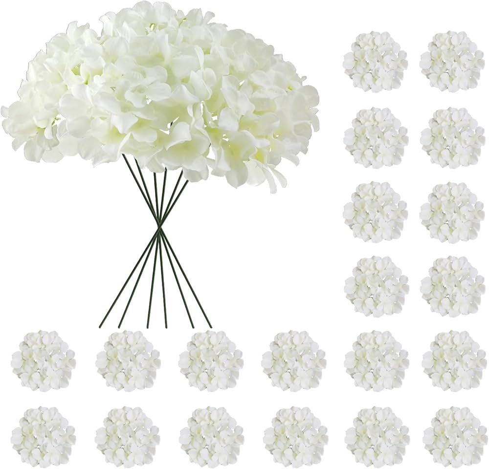 Cherica 20 Pcs White Hydrangea Artificial Flowers Bulk, Faux Hydrangea Flowers Heads, Artificial ... | Amazon (US)
