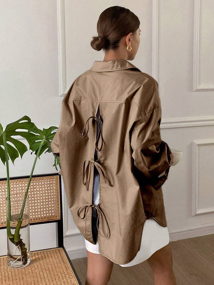 Livesso Women Solid Color Loose Long Sleeve Turndown Collar Back Slit Bowknot Blouse,Fall Clothes | SHEIN