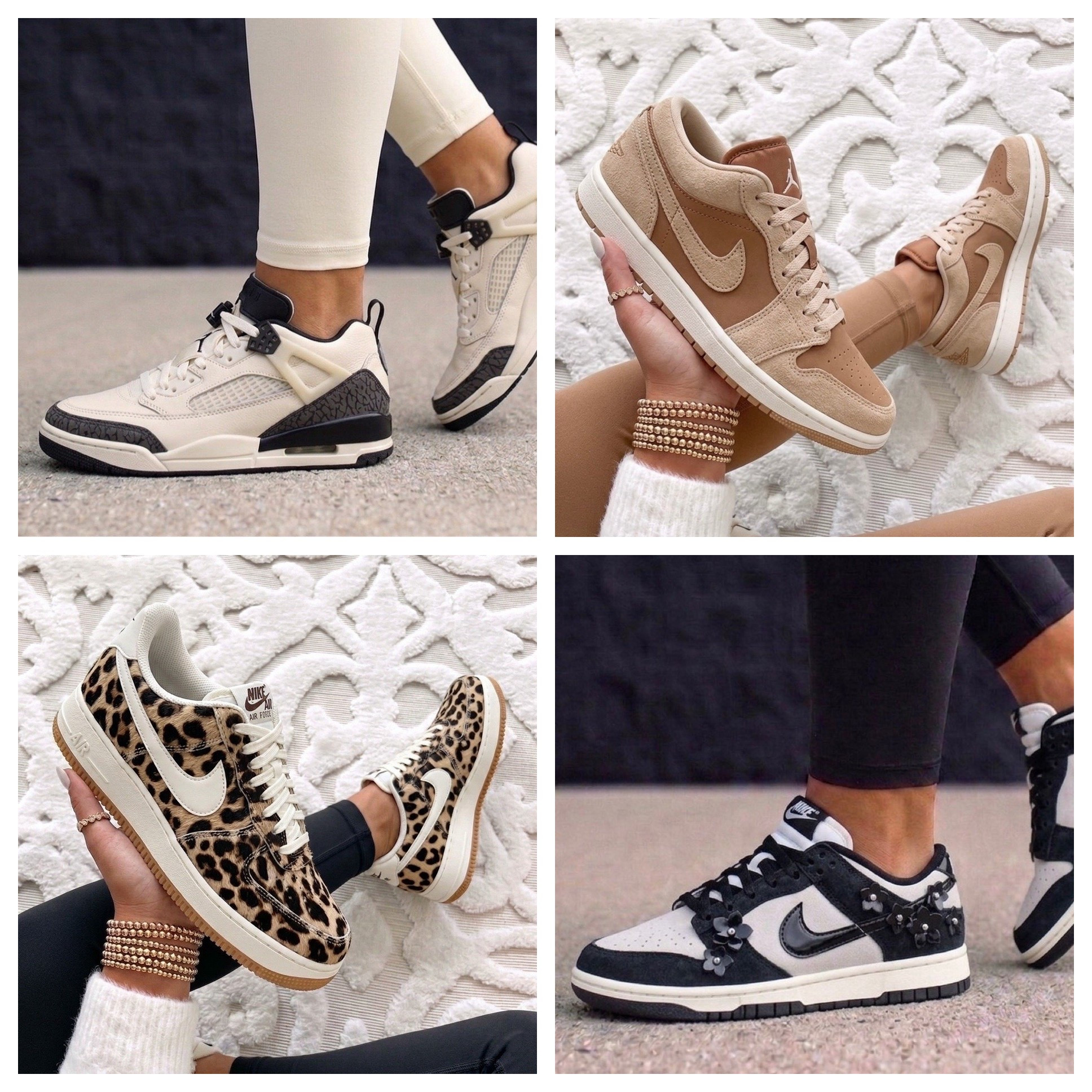 ✨ 4 new Nike drops and honestly I can’t pick just one. The leopard pair is calling my name, but those neutral Jordans are giving everyday obsession. 👟🤎

Which pair is your favorite: 1, 2, 3, or 4? 👇💕