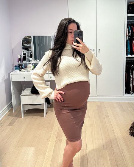 Thinking of holiday outfit ideas that are maternity friendly and I’m loving this one for thanksgiving. Sized up to a medium in the midi skirt and paired it with a cropped turtleneck. 

#LTKfindsunder50 #LTKHoliday #LTKbump