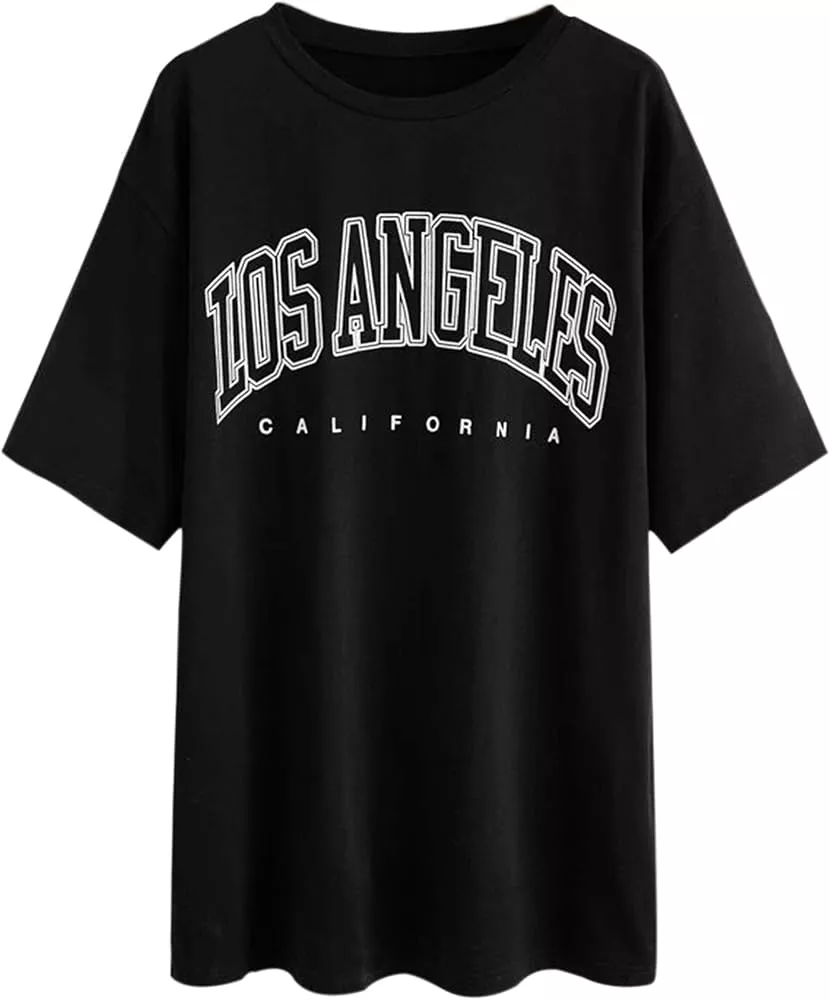 Meladyan Women Casual Los Angeles Letter Print Short Sleeve Tee