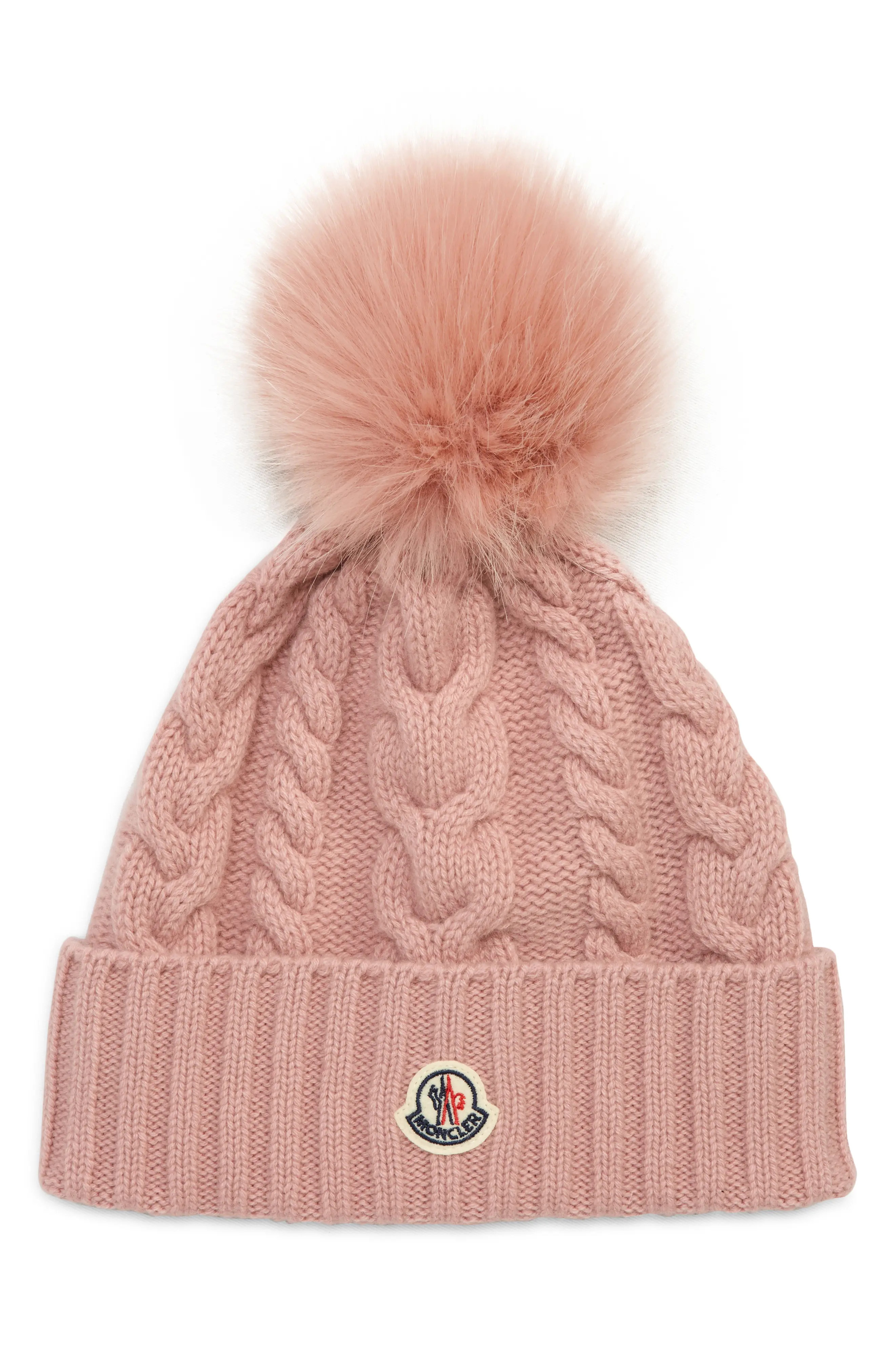 Moncler Cable Knit Wool & Cashmere Pom Beanie in Blush at Nordstrom | Nordstrom