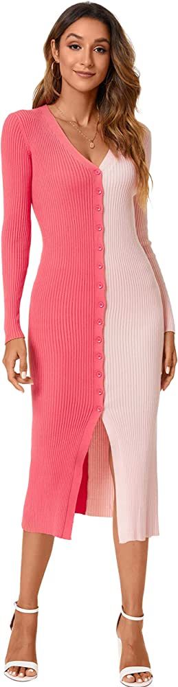 CMZ2005 Women's Button Down Long Sleeve Cardigan Outerwear Sweater Dress Bodycon Party Maxi Dress... | Amazon (US)