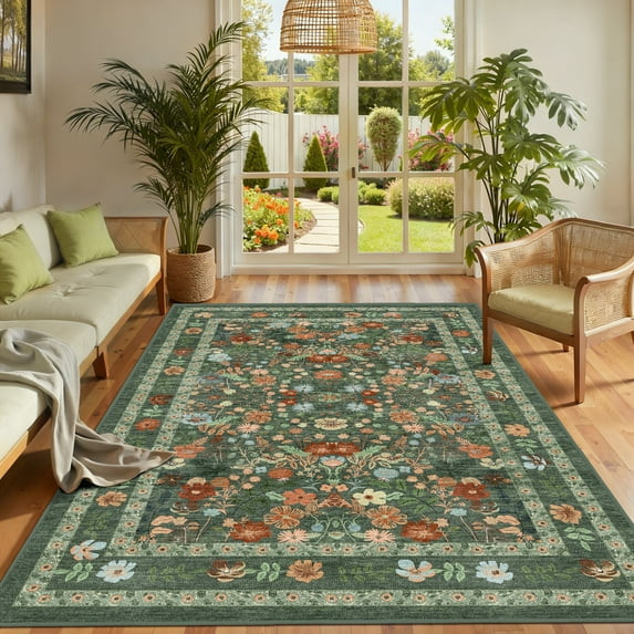 ATHOPE 5x7 Area Rugs for Living Room Bedroom, Floral Washable Soft Low Pile Rug with Non-Slip Bac... | Walmart (US)