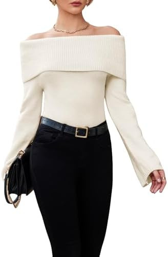 GORGLITTER Women's Off The Shoulder Sweater Long Sleeve Ribbed Knit Pullover Top Trendy Fall Outf... | Amazon (US)