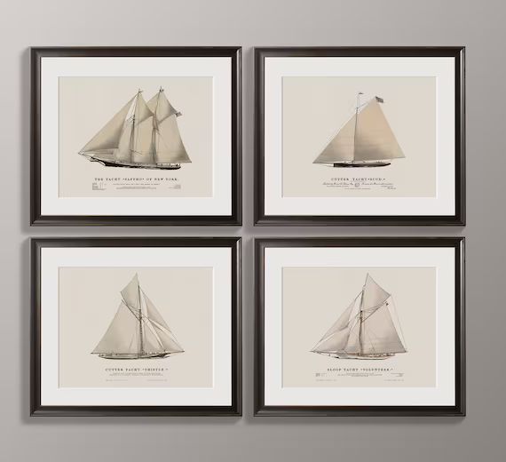Nautical Wall Art Vintage Yacht Prints Set of Ship Wall Art - Etsy | Etsy (US)