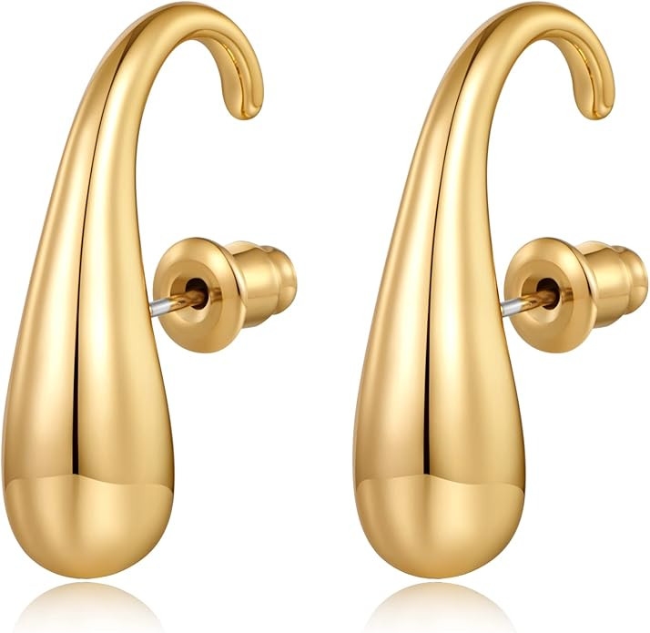 Chunky Thick Teardrop Earrings for Women Gold Hoop Earrings Cut Polished Droplet Earrings | Amazon (US)