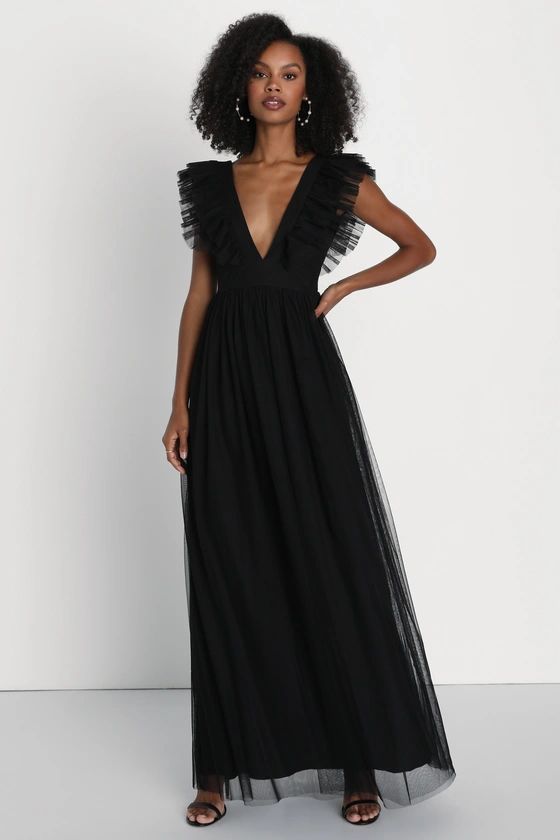 Simply Delighted Black Mesh Ruffled Backless Maxi Dress | Lulus