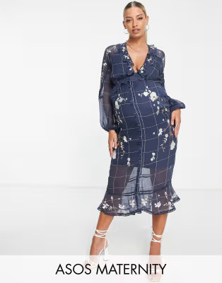 ASOS DESIGN Maternity midi dress in check print with pop floral embroidery and lace inserts | ASO... | ASOS (Global)
