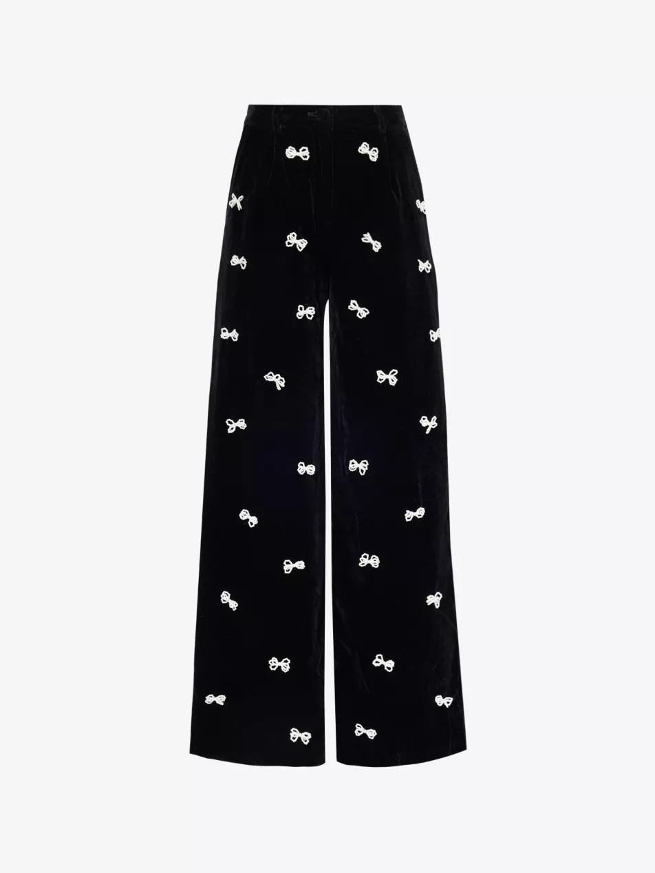 Pearl bow-embellished straight-leg mid-rise velvet trousers | Selfridges