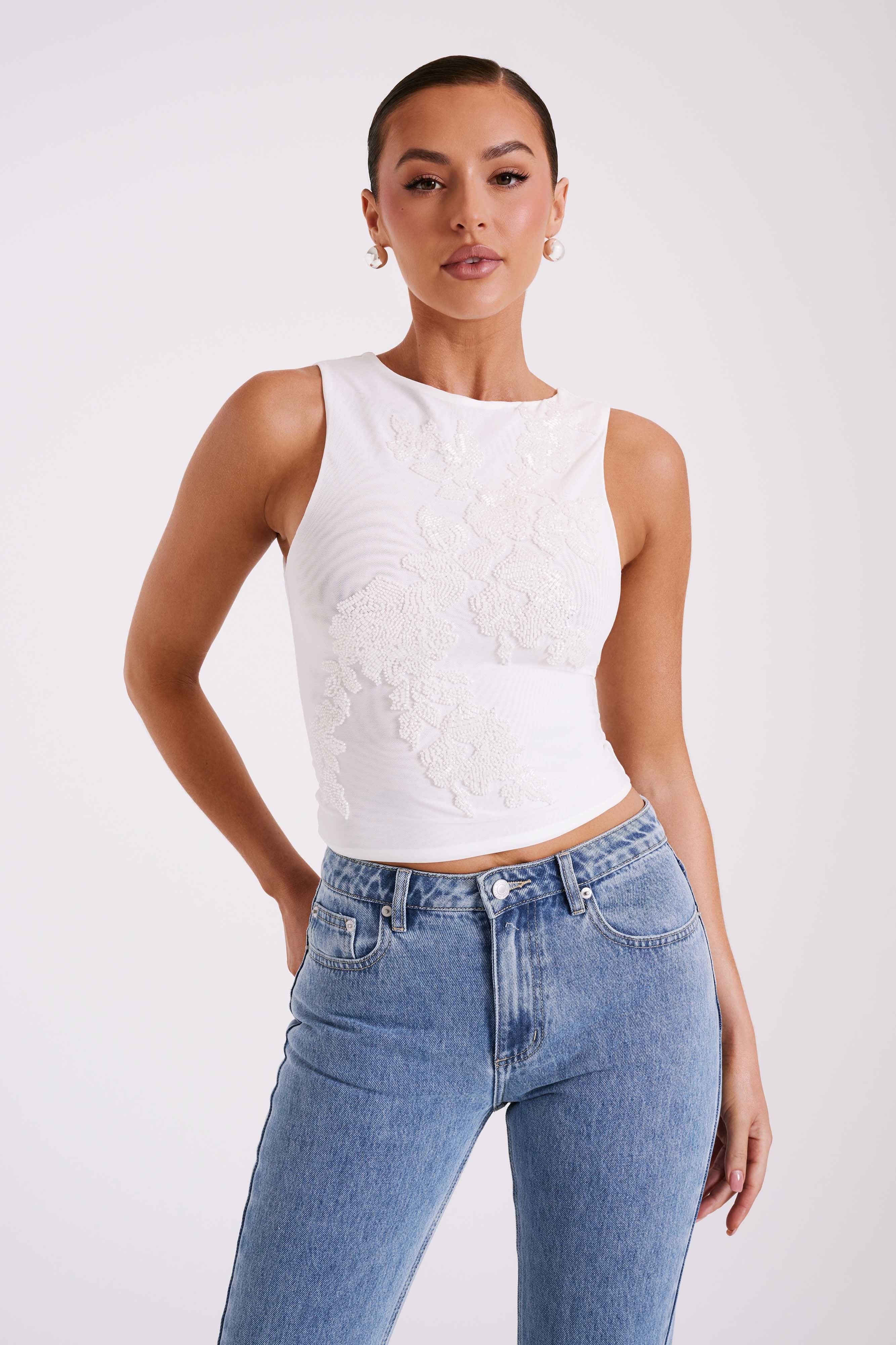 Luci Beaded Flower Mesh Top - White | MESHKI US