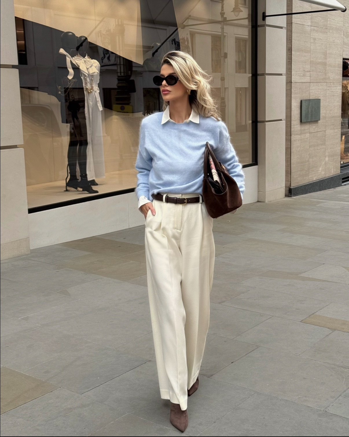 Effortless daytime chic with a pop of baby blue. The trousers are such a steal — and so is the baby blue cashmere sweater! 🤍🩵

#LTKautumn #LTKluxury #LTKuk