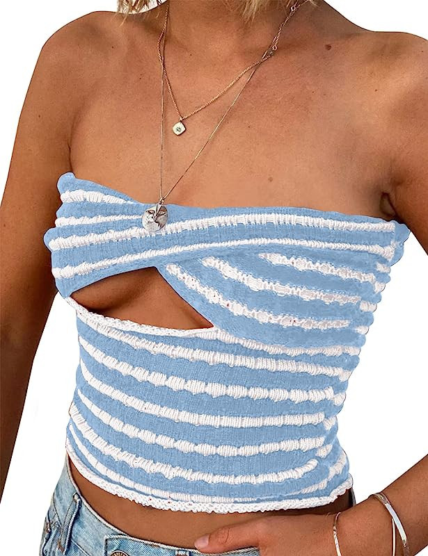 MISSACTIVER Women Striped Knit Bandeau Top Sexy Strapless Sleeveless Twist Front Hollow Out Backl... | Amazon (US)