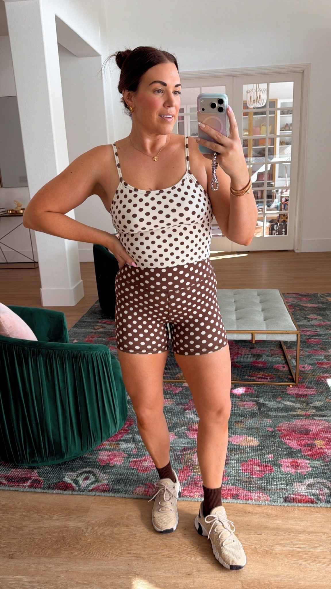 curvy midsize fitness workout look! obsessed with the polka dot print 😍 in the large in top and shorts. jus FYI the top is lined with a bra shelf, but no pads  

#LTKfitnessgoals #LTKMidsize #LTKActive