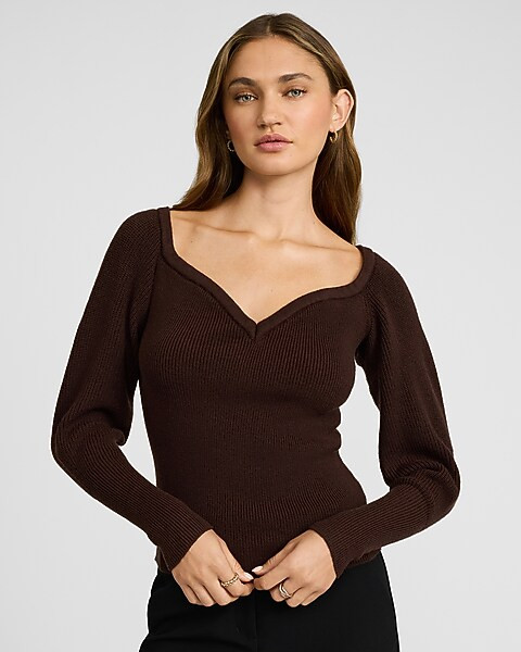 Ribbed V-Neck Long Puff Sleeve Sweater | Express