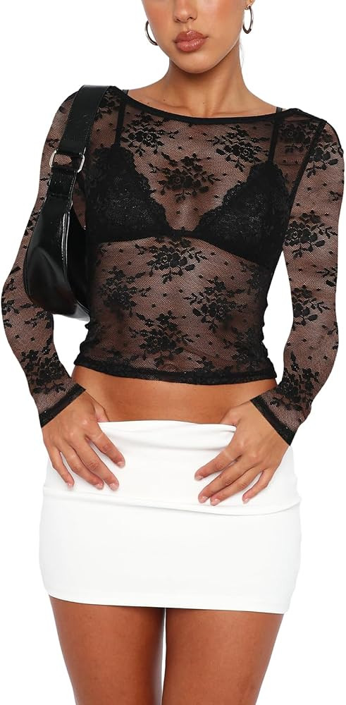 Pivanzore Women Going Out Tops Long Sleeve Sexy Lace Mesh Sheer Y2k Crop Top T Shirts Blouse 2023... | Amazon (US)