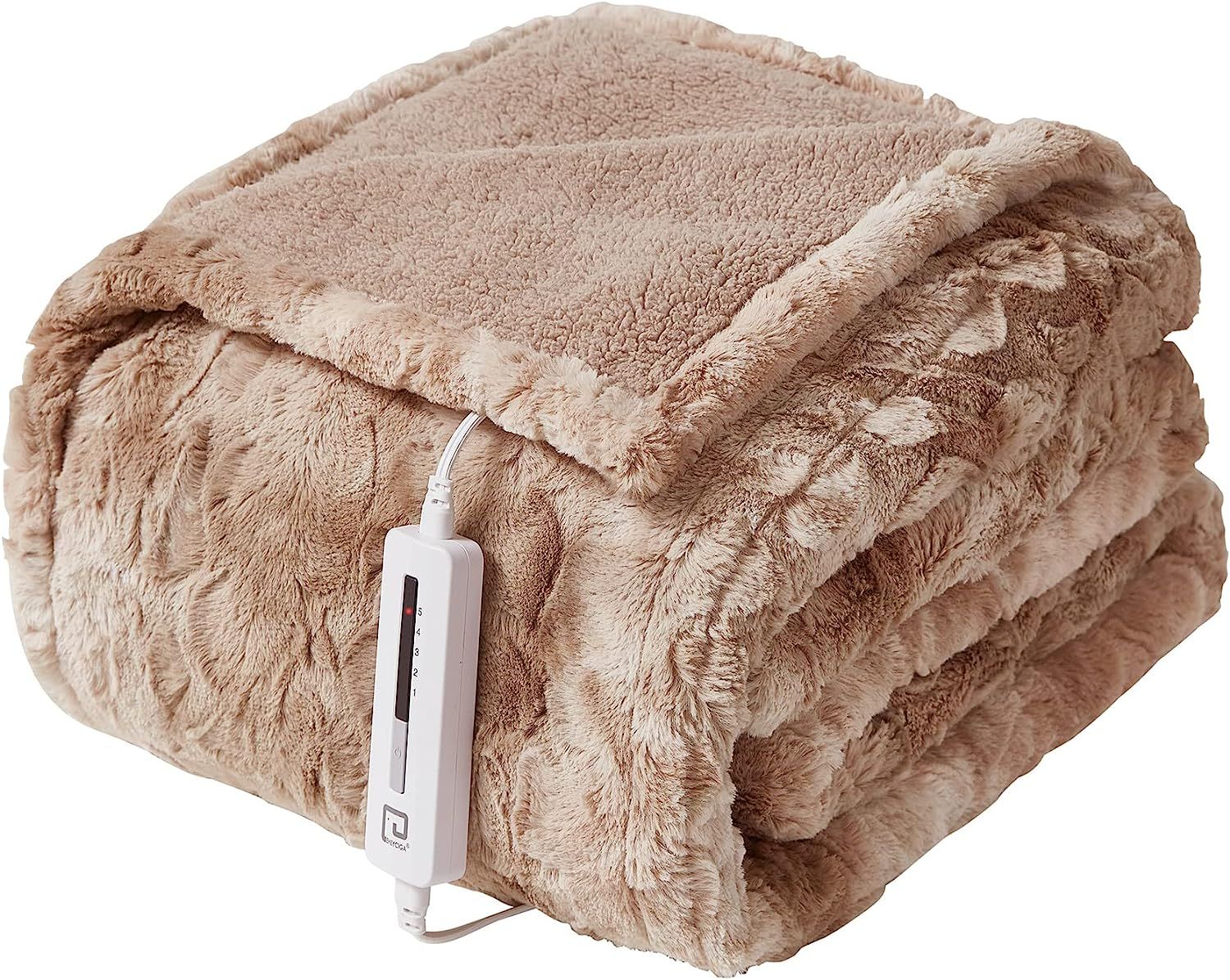 EHEYCIGA Heated Blanket Electric Blanket Throw - Heating Blanket Faux Fur with 5 Heating Levels &... | Amazon (US)