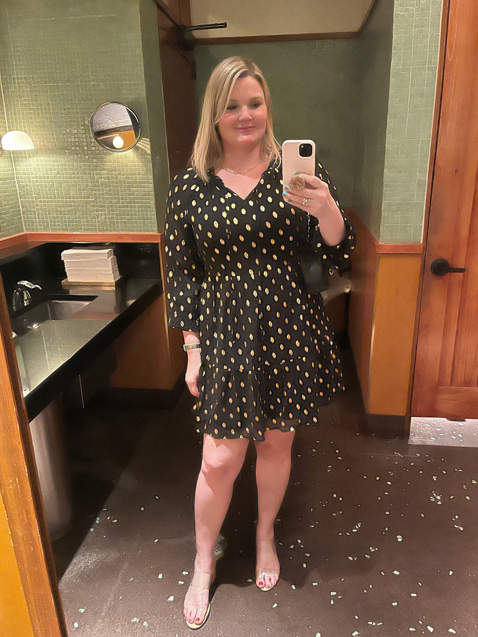 Date night. Black and gold polka dot dress in size large. Fits TTS  

#LTKover40 #LTKmidsize #LTKstyletip