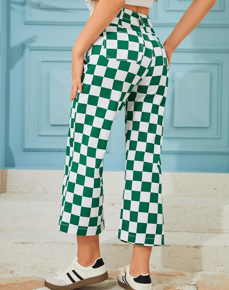 Cropped Jeans for Women Checkered Pants Casual High Waisted Stretchy Straight Leg Trousers with P... | Amazon (US)