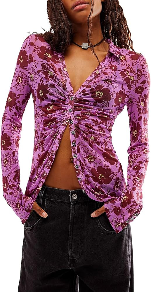 Women Button up Long Shirt Casual Print Ruched Long Sleeve Blouse Fitted Work Tops for Streetwear | Amazon (US)